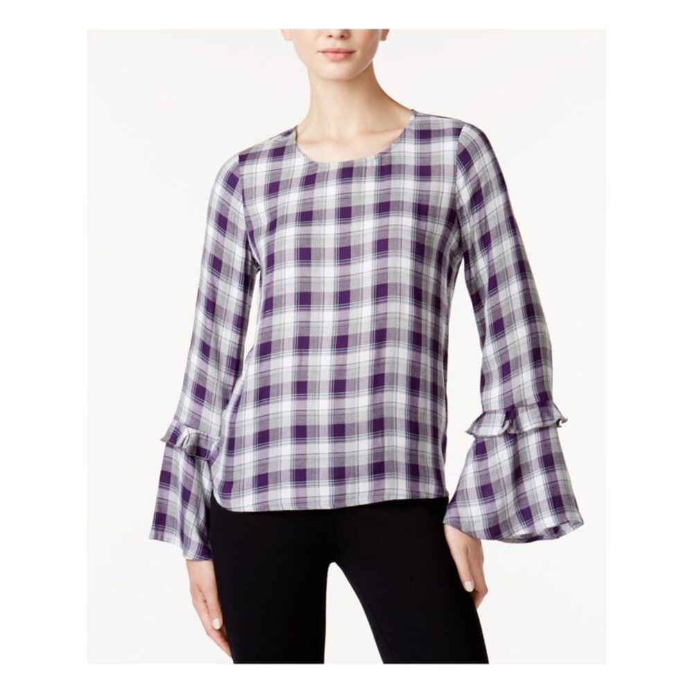 MAISON JULES Womens Purple Plaid Bell Sleeve Jewel Neck Blouse Size: XXS - Picture 1 of 2